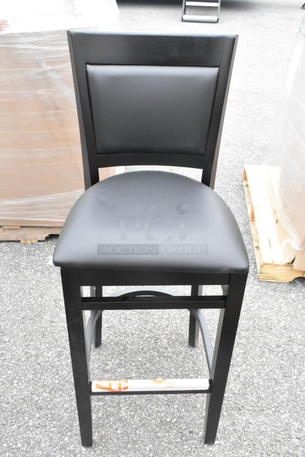 Lancaster Sofia bar stool, black wood finish, black vinyl seat, new condition, assembled, scratch and dent sale.