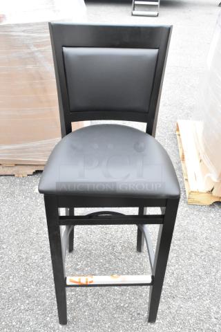 Lancaster Sofia bar stool, black wood finish, black vinyl seat, new condition, assembled, scratch and dent sale.