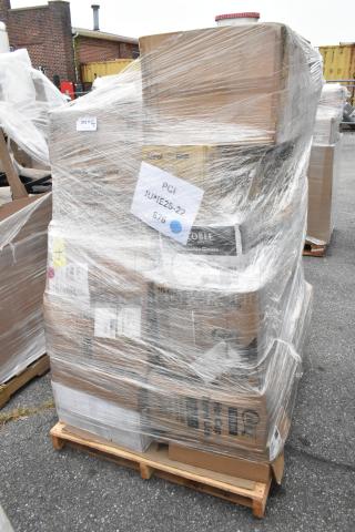 Pallet of 31 new scratch and dent items including to-go containers and lids, wrapped in plastic with label "PCI JUNE25-22".
