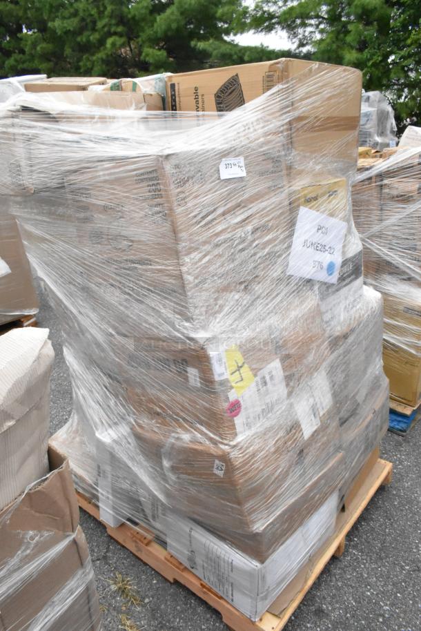 Pallet with 31 brand new scratch and dent items, including to-go containers and cup jackets, wrapped and labeled.