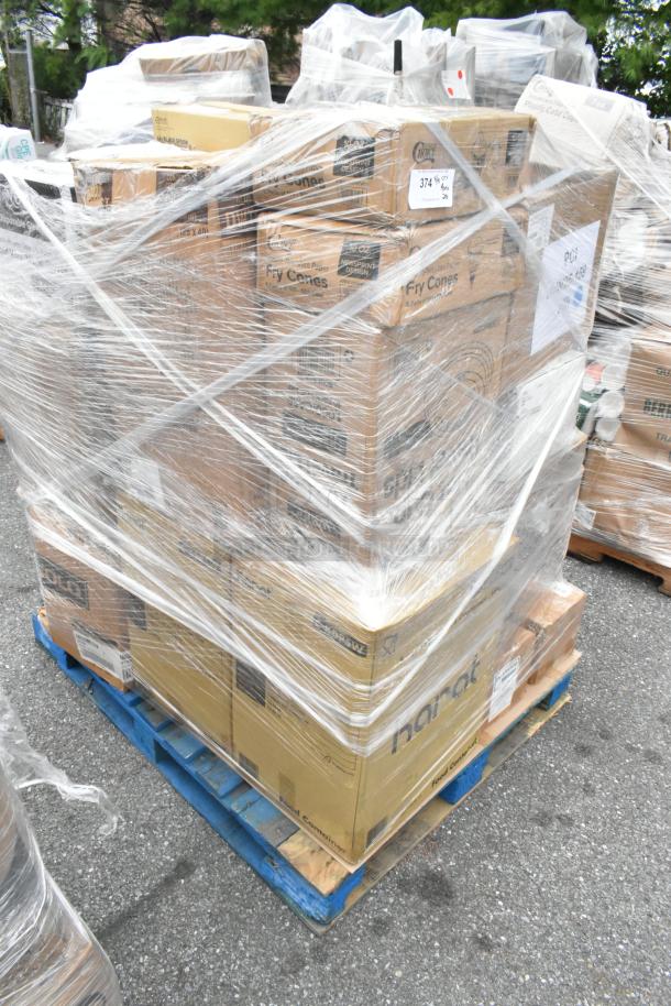Pallet with 28 boxed items including napkins, hot paper cups, and bags, wrapped in plastic. New scratch and dent lot.