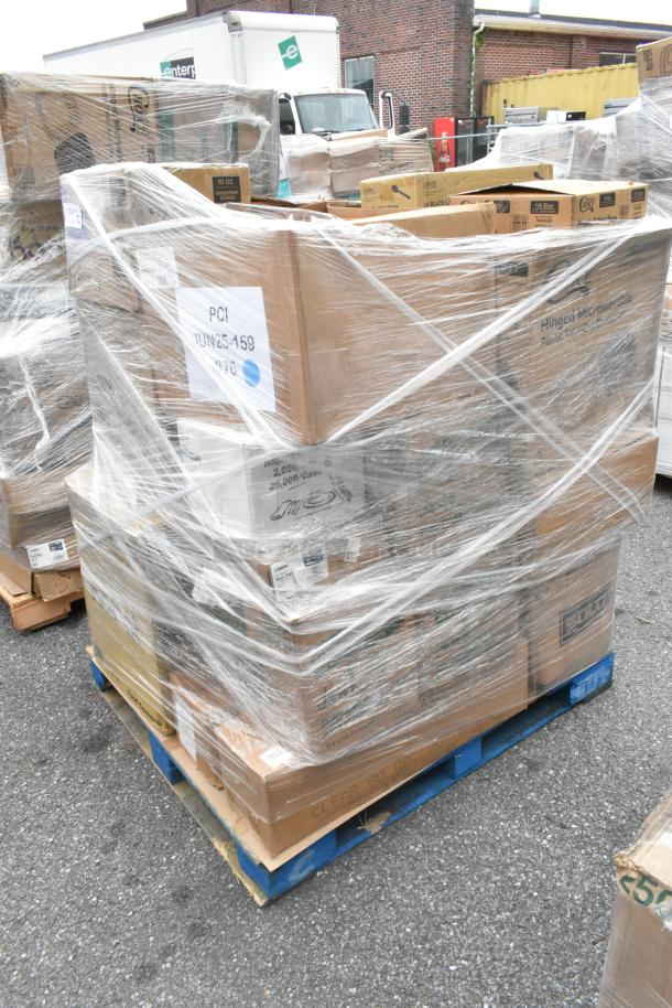 Pallet of assorted brand new scratch and dent items including napkins, hot paper cups, and white paper bags, shrink-wrapped.