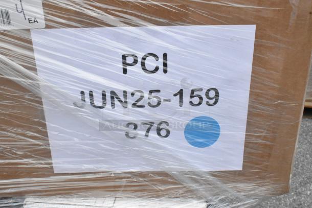 A labeled carton wrapped in plastic, marked "PCI JUN25-159 876," containing 28 new scratch and dent items like napkins and cups.