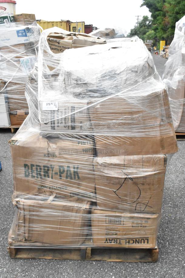 Pallet of 22 new scratch and dent packaging items, including to-go containers and dome lids, wrapped in plastic film.