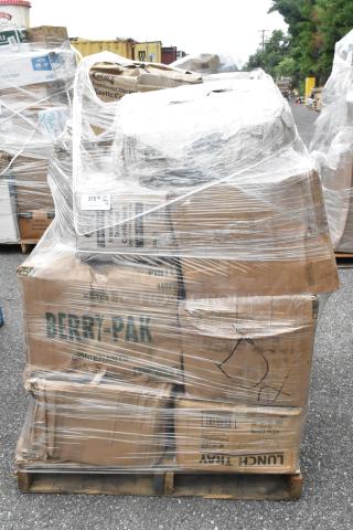 Pallet of 22 new scratch and dent packaging items, including to-go containers and dome lids, wrapped in plastic film.