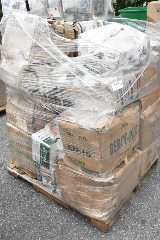 Shrink-wrapped pallet of 22 new scratch and dent items, including plastic to-go containers, dome lids, and plates. Boxes labeled "Berry-Pak" and others.
