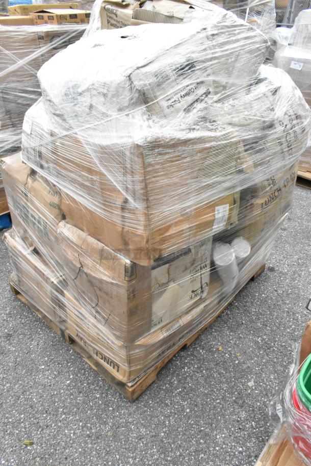 Pallet of 22 brand new scratch and dent items including to-go containers, dome lids, and plastic plates, shrink-wrapped.
