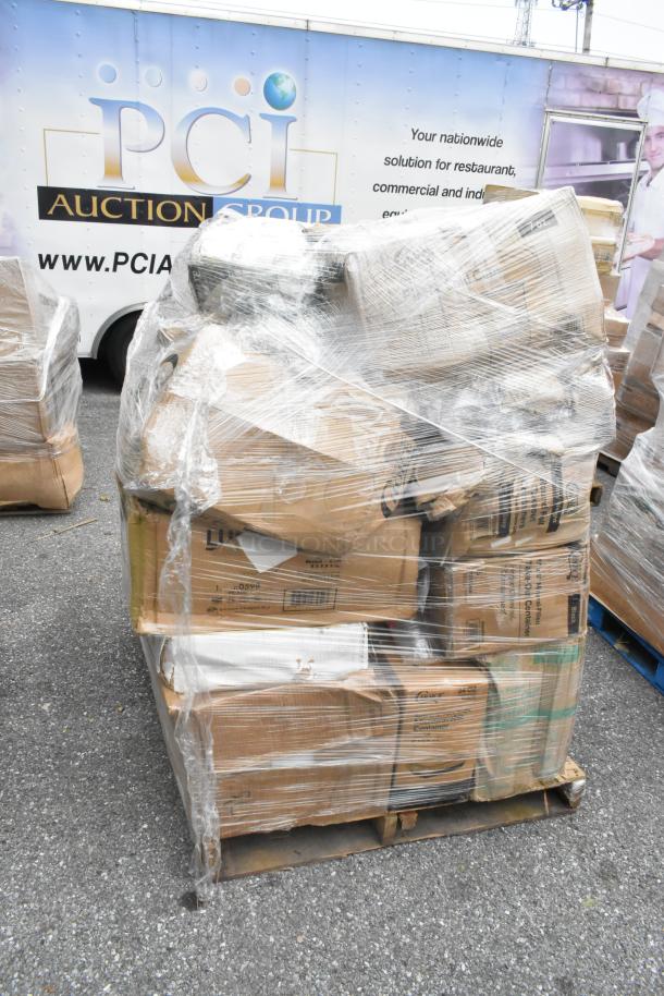22 brand new scratch and dent items on pallet wrapped in plastic, including to-go containers and plastic plates.