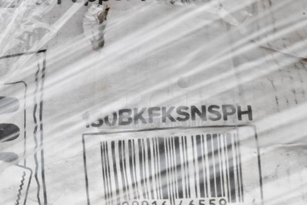 Clear wrapped package showing a barcode and the code "S0BKFKSNSPH." Contains new scratch and dent items like to-go containers and lids.
