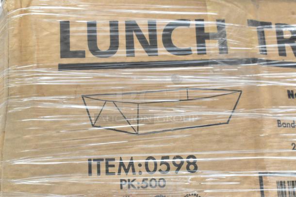 Cardboard box labeled "Lunch Tray," item 0598, wrapped in plastic. Contains 22 new scratch and dent items, including to-go containers.