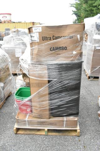 Plastic-wrapped pallet of 26 scratch and dent items. Includes Cambro Ultra Camcarrier, trash cans, martini glasses, cocktail shakers.