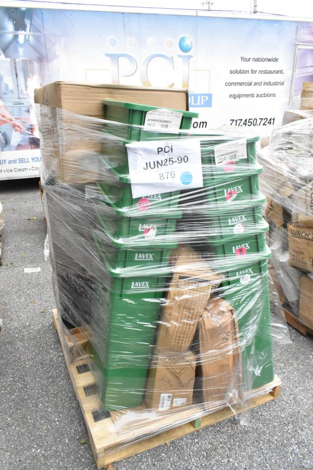 Pallet with 26 new scratch and dent items, including Lavex trash cans, martini glasses, and cocktail shakers. Marked PCI JUN25-90.