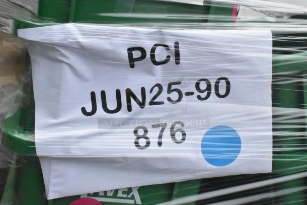 Pallet with items labeled "PCI JUN25-90, 876," featuring green trash cans under plastic wrap, scratch and dent condition.