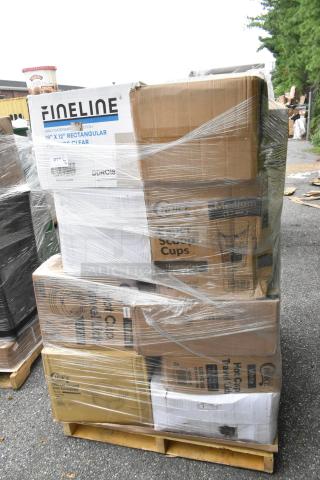 Pallet with assorted boxes, including Fineline and Choice brands. Contains dome lids, plates, deli containers, teaspoons. New, scratch and dent condition.