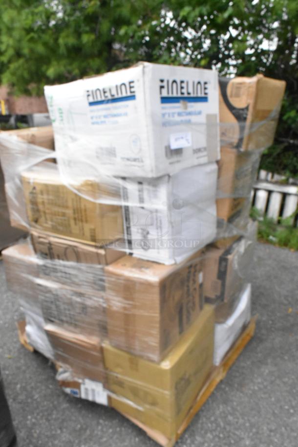Stack of palletized boxes with visible "Fineline" label. Items include new scratch and dent dome lids, plates, deli containers, teaspoons.