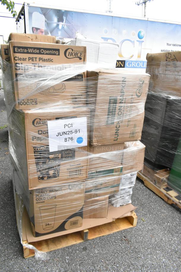 Pallet with 32 new scratch and dent items including dome lids, plates, deli containers, teaspoons. Packed in labeled boxes.
