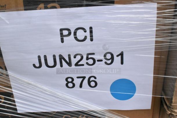 Plastic-wrapped pallet with label: "PCI JUN25-91 876" in black text, indicating shipment or inventory details.