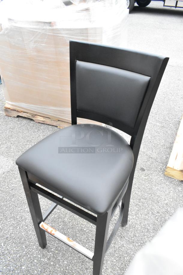 Lancaster Sofia black wood bar stool with black vinyl seat, brand new scratch and dent condition, assembled.