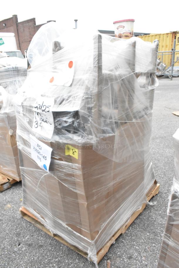 Pallet of 8 new scratch and dent Lancaster Table & Seating Sofia black wood bar stools, wrapped in plastic, labels visible.