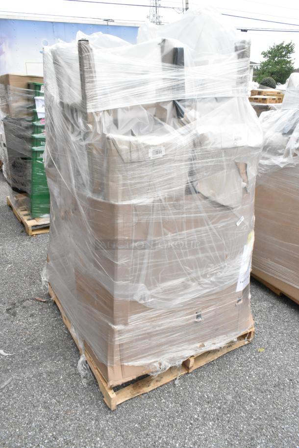 8 wrapped Lancaster Table & Seating Sofia bar stools with black vinyl seats, packaged on a pallet. Brand new with minor dents.