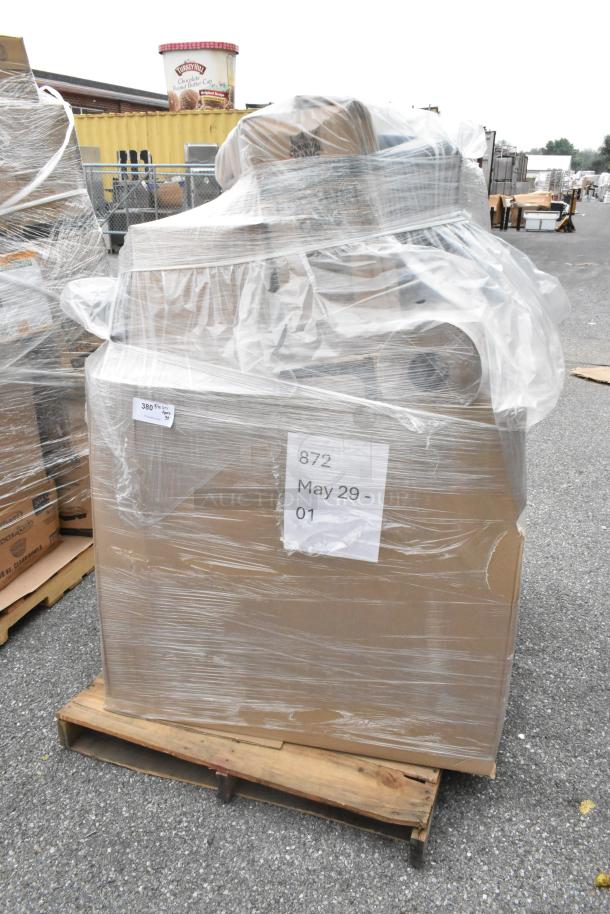 Pallet with 30 new scratch and dent items including to-go containers and cutlery, wrapped in plastic, labeled "872 May 29-01."