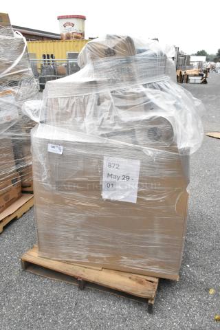 Pallet with 30 new scratch and dent items including to-go containers and cutlery, wrapped in plastic, labeled "872 May 29-01."