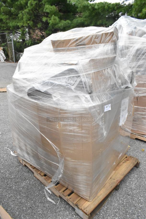 Pallet with 30 scratch and dent items, wrapped in plastic. Includes to-go containers, plastic cutlery, and gelato pans.