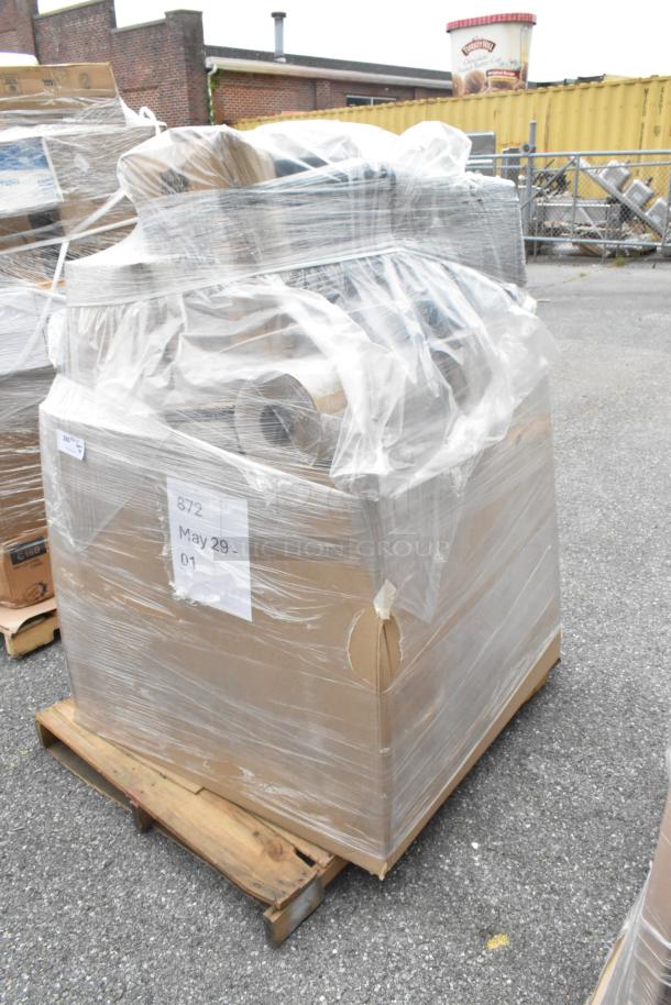 Pallet with 30 new scratch and dent items, including to-go containers and plastic cutlery, wrapped in plastic with labels.