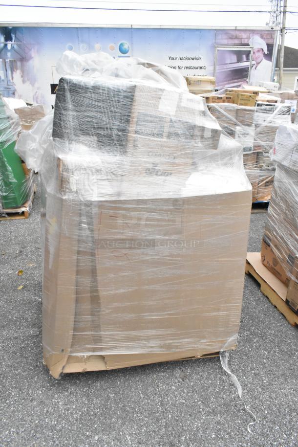 Plastic-wrapped pallet of brand new scratch and dent items, including to-go containers, plastic cutlery, containers, gelato pans.