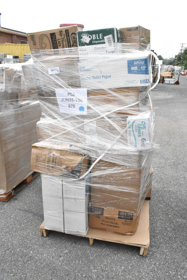 Pallet of 36 scratch and dent items including to-go containers, gloves, toilet paper rolls. Wrapped and labeled with inventory tags.