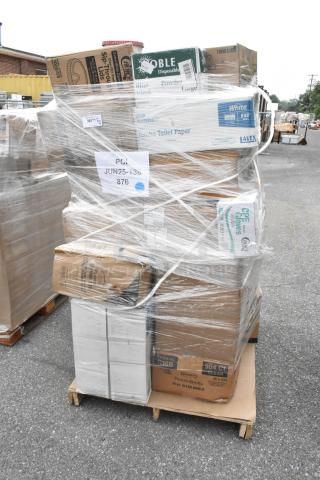 Pallet of 36 scratch and dent items including to-go containers, gloves, toilet paper rolls. Wrapped and labeled with inventory tags.