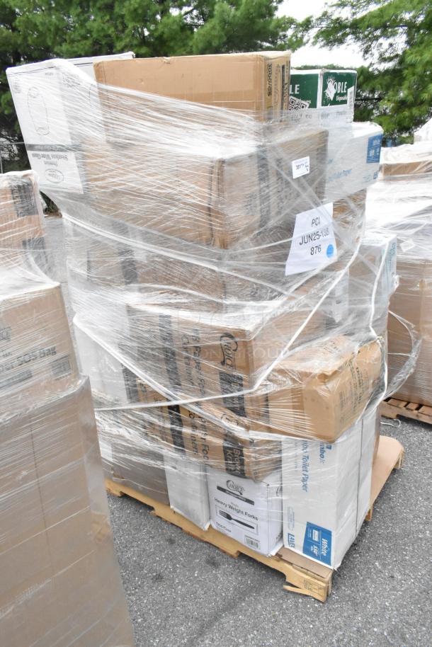 Pallet with 36 brand new scratch and dent items including to-go containers, gloves, and toilet paper rolls, wrapped in plastic.