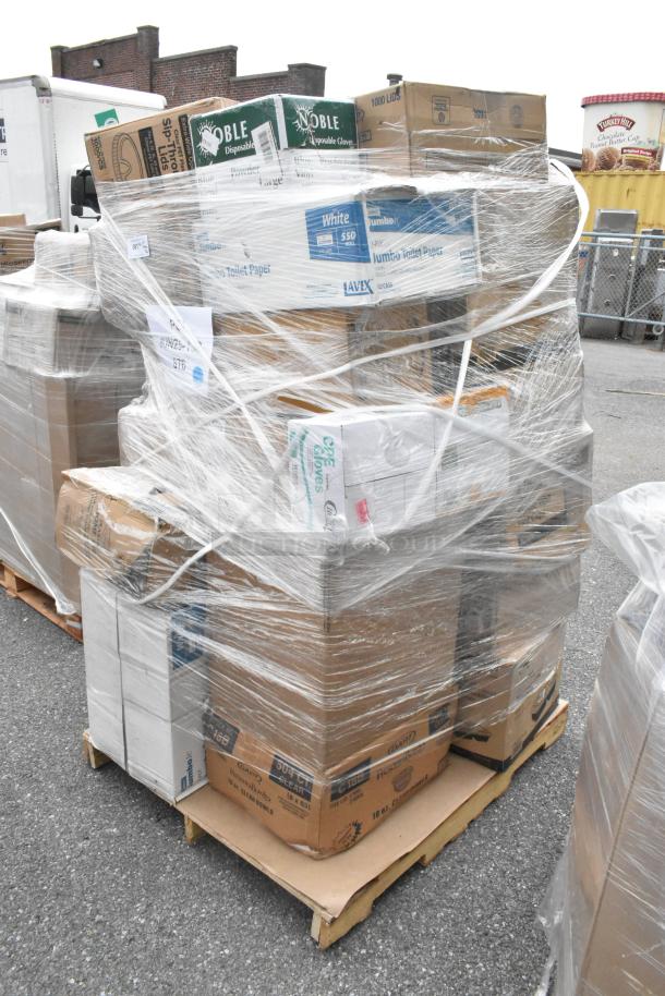 Pallet of 36 brand new scratch and dent items, including to-go containers, gloves, toilet paper rolls, wrapped in plastic.