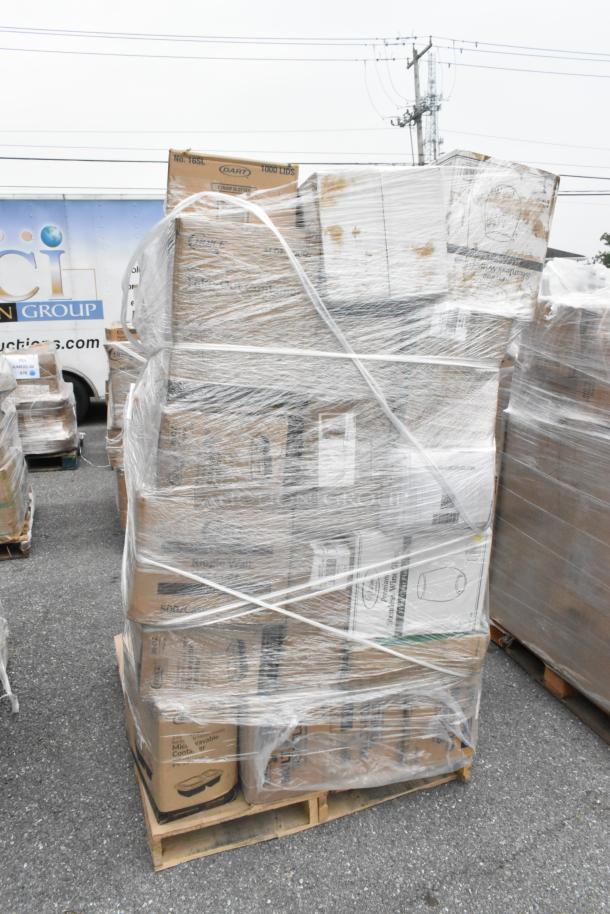 Pallet of brand new scratch and dent items, including to-go containers, gloves, toilet paper, wrapped in plastic.