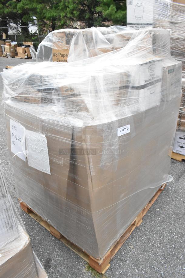 Shrink-wrapped pallet of assorted new scratch and dent items including paper towels, plates, portion cups; labeled "30 Times Your Bid".