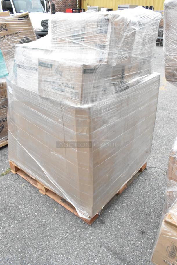 Pallet of 30 new scratch and dent items wrapped in plastic, including paper towels, plates, portion cups, and cups.