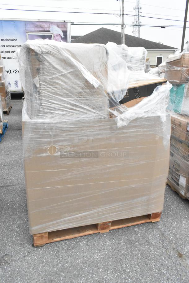 Auction pallet of 30 new scratch and dent items, including paper towels, plates, cups, and portion cups, wrapped in plastic.