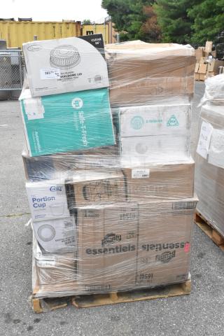 Pallet of 30 brand new scratch and dent items, including lids, plates, kraft bags, and containers. Each box labeled with product details.