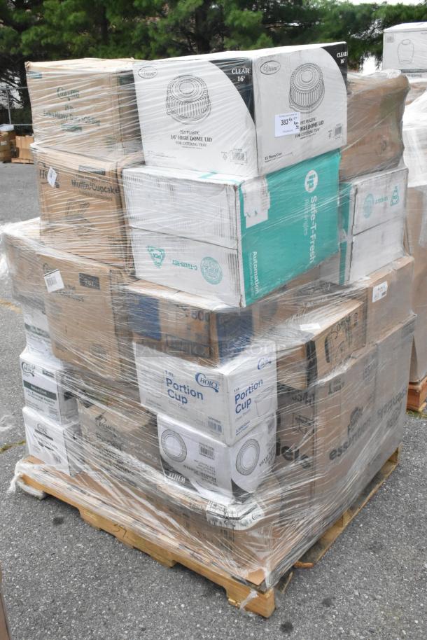 Pallet with 30 new scratch and dent items including lids, plates, cups, and containers. Various packaging labels visible.