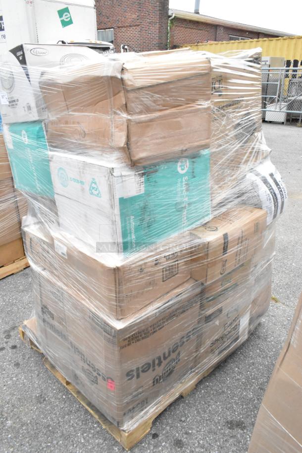 Pallet of 30 new scratch and dent items including lids, plates, kraft bag, and containers, shrink-wrapped for auction.