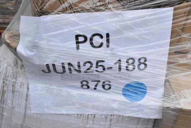 Plastic-wrapped pallet labeled "PCI JUN25-188 876," containing brand new scratch and dent items.