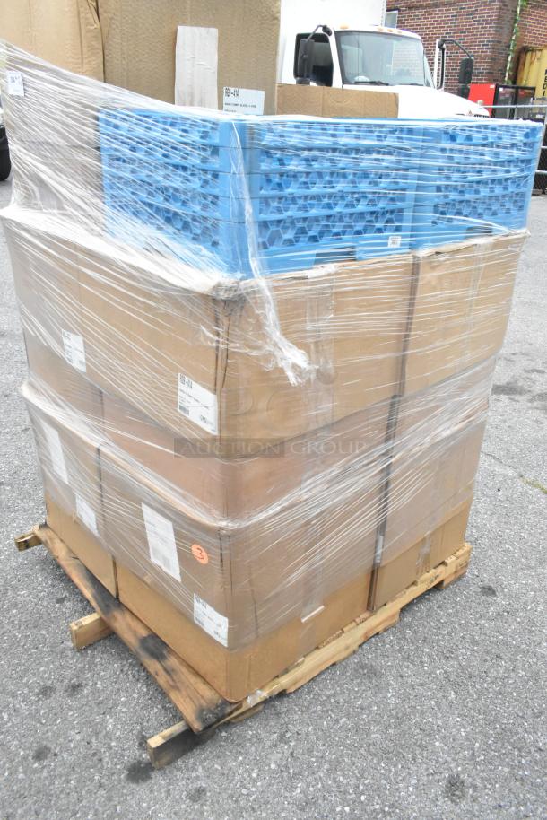 12 new Carlisle RG9-414 OptiClean blue glass racks with 4 extenders, packaged on a pallet, shrink-wrapped, ready for auction.