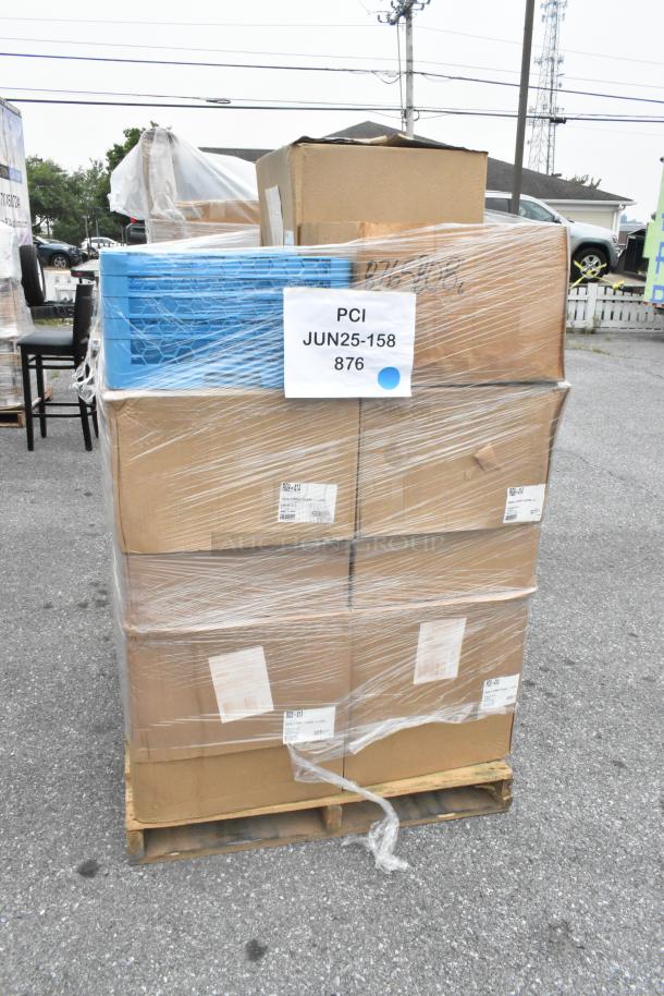 12 new Carlisle RG9-414 OptiClean blue glass racks with 9 compartments and 4 extenders, scratch and dent condition.