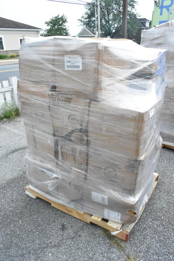 Shrink-wrapped pallet with 24 new scratch and dent items including trash bags, food cups, towels, and lids. Labels visible.