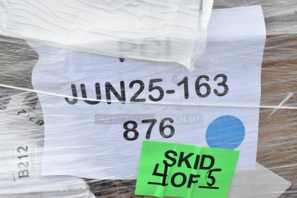 Pallet with 24 scratch and dent items, including trash bags and food cups. Labels show "JUN25-163 876," "SKID 4 OF 5." Wrapped in plastic.