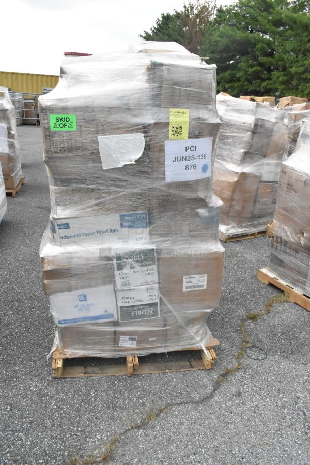 Plastic-wrapped pallet of 32 brand new scratch and dent items, including trash bags, towels, and plasticware. Marked "PCI JUN25-136 876."