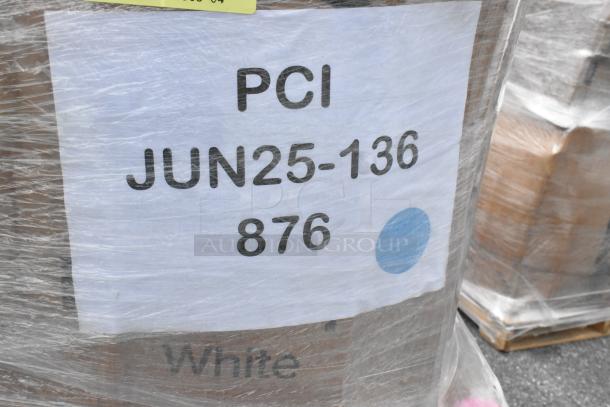 Pallet wrapped in plastic with label "PCI JUN25-136 876." Contains 32 new scratch and dent items like trash bags and towels.