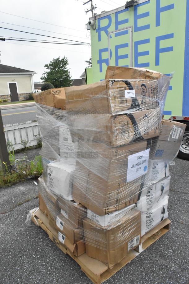 Pallet of 22 brand new scratch and dent items, including boxes of bowls, forks, and cold cups, shrink-wrapped for auction.