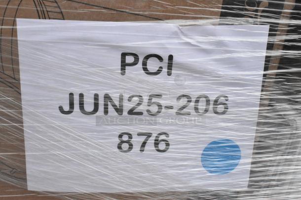Wrapped pallet labeled "PCI JUN25-206 876"; contains 22 new items like bowls, forks, cold cups with minor dents.
