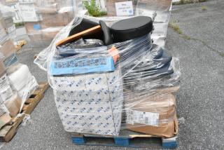 Pallet with 9 new scratch and dent items, including a mobile mixing bowl cart and stool cushions, wrapped in plastic.